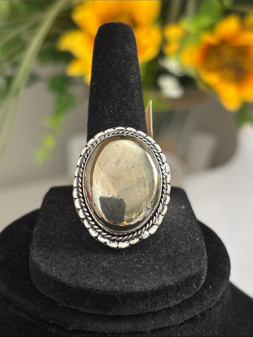 Sterling Silver Oval Apache Pyrite Statement Ring Size 8